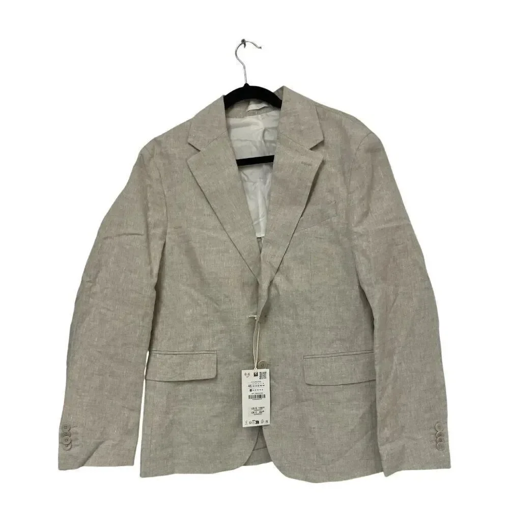 Zara Mens Blazer Suit Jacket EU 46 US 36 Beige 100 Linen sport coat 4299/333 NWT
